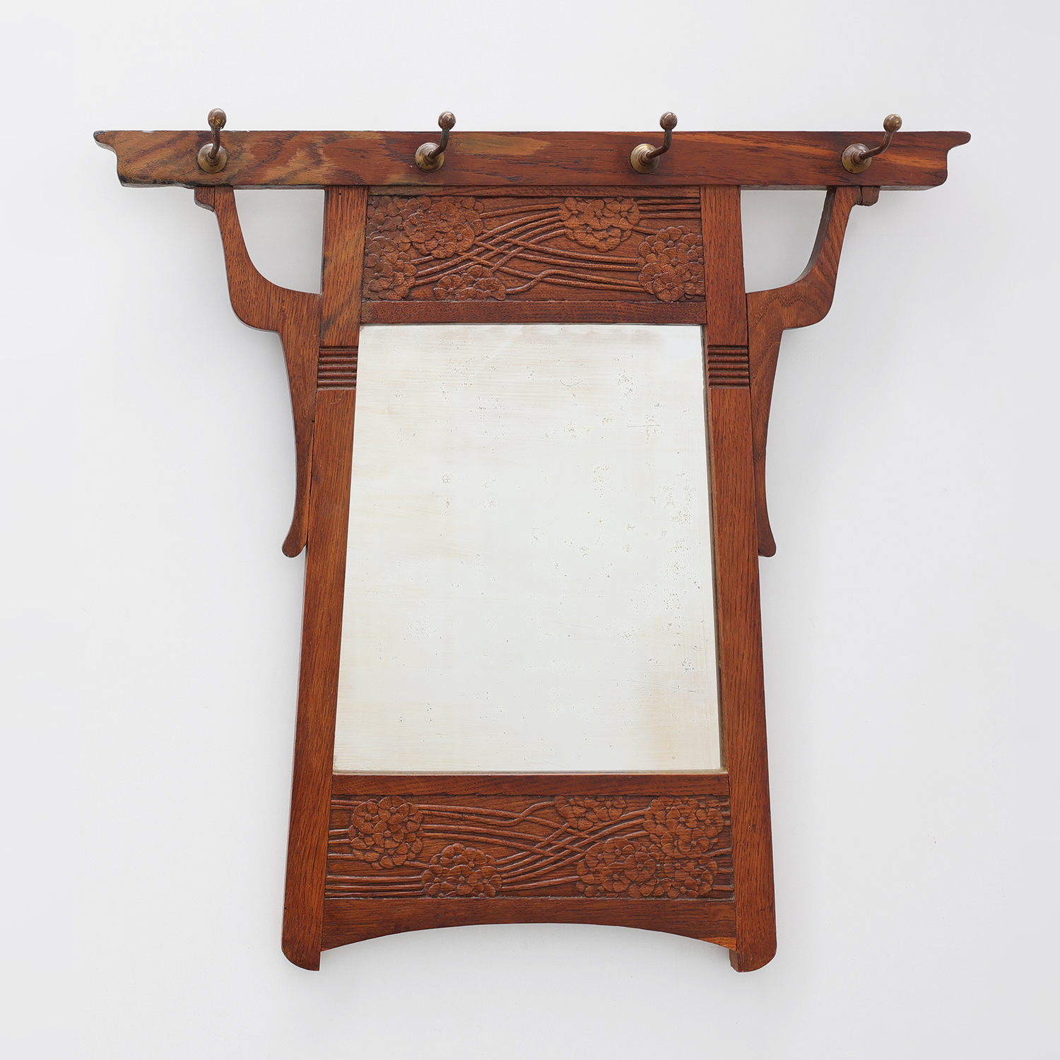 Art Nouveau Oak Coat Rack with Mirror and Floral Carvings, Belgium, circa 1910-img